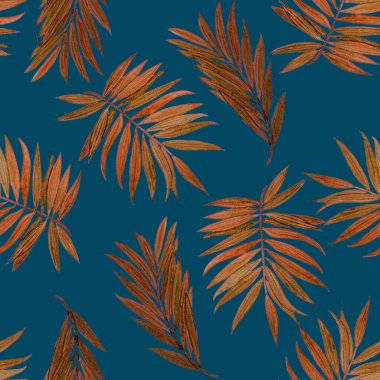 Hawaii dekoratif, dikişsiz, suluboya tropikal yapraklı. Avuç içi. Renkli el çizimi çizimi. Yaz tropik baskısı.