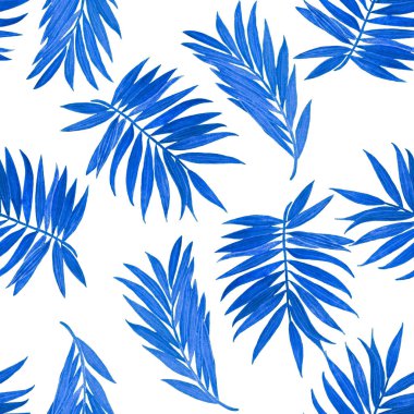 Hawaii dekoratif, dikişsiz, suluboya tropikal yapraklı. Avuç içi. Renkli el çizimi çizimi. Yaz tropik baskısı.