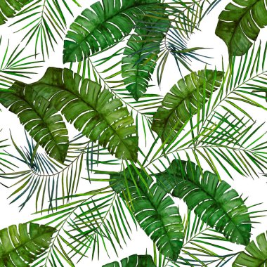 Soyut dekoratif, dikişsiz, suluboya tropikal yapraklı desen. Renkli el çizimi çizimi. Hawaii yaz egzotik baskısı.