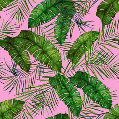 Soyut dekoratif, dikişsiz, suluboya tropikal yapraklı desen. Renkli el çizimi çizimi. Hawaii yaz egzotik baskısı.