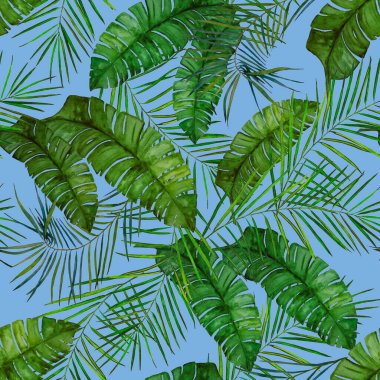 Soyut dekoratif, dikişsiz, suluboya tropikal yapraklı desen. Renkli el çizimi çizimi. Hawaii yaz egzotik baskısı.