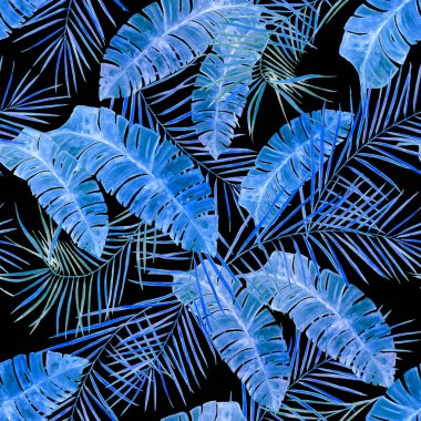 Süslü, dikişsiz desenli, siyaha tropikal yapraklı. Renkli el çizimi çizimi. Hawaii klasik egzotik baskısı.