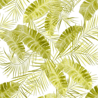 Soyut dekoratif, dikişsiz, suluboya tropikal yapraklı desen. Tek renkli el çizimi illüstrasyon. Hawaii klasik egzotik baskısı.