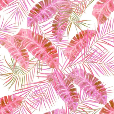 Soyut dekoratif, dikişsiz, suluboya tropikal yapraklı desen. Renkli el çizimi çizimi. Hawaii yaz egzotik baskısı.