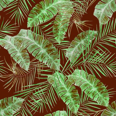 Soyut dekoratif, dikişsiz, suluboya tropikal yapraklı desen. Renkli el çizimi çizimi. Hawaii yaz egzotik baskısı.