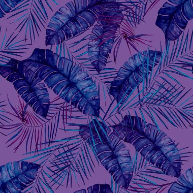 Soyut dekoratif, dikişsiz, suluboya tropikal yapraklı desen. Renkli el çizimi çizimi. Hawaii yaz egzotik baskısı.