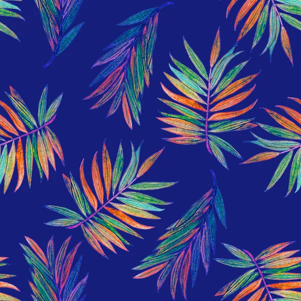 Hawaiian Decorative Seamless Pattern Watercolor Tropical Leaves Palm Colorful Hand — Stock Photo, Image