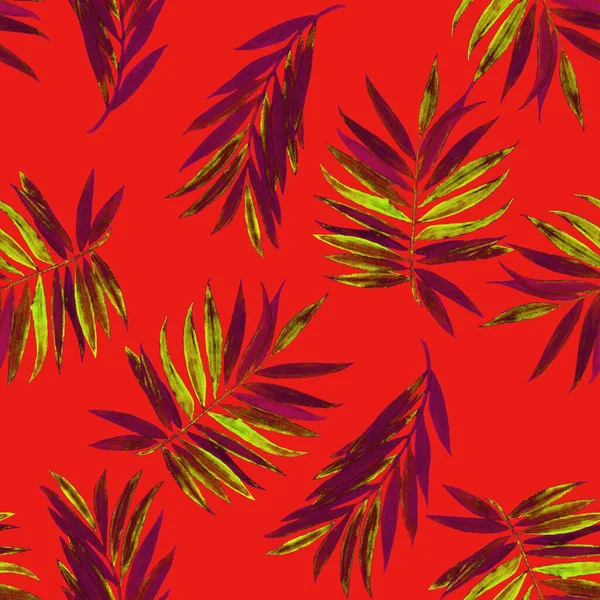 水彩熱帯の葉とハワイの装飾的なシームレスなパターン パームだ カラフルな手描きイラスト 夏の熱帯 Print — ストック写真