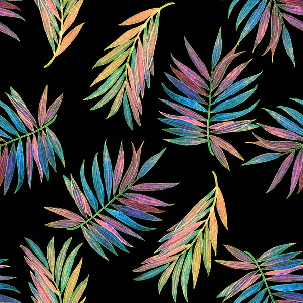 Abstract Decorative Seamless Pattern Watercolor Tropical Leaves Black Palm Hawaiian — Stock Photo, Image