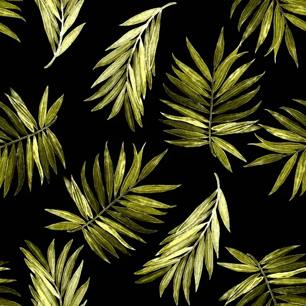 摘要装饰无缝图案 水彩斑斓的热带叶呈黑色 夏威夷色彩艳丽的手绘插图 夏季热带印刷品 — 图库照片