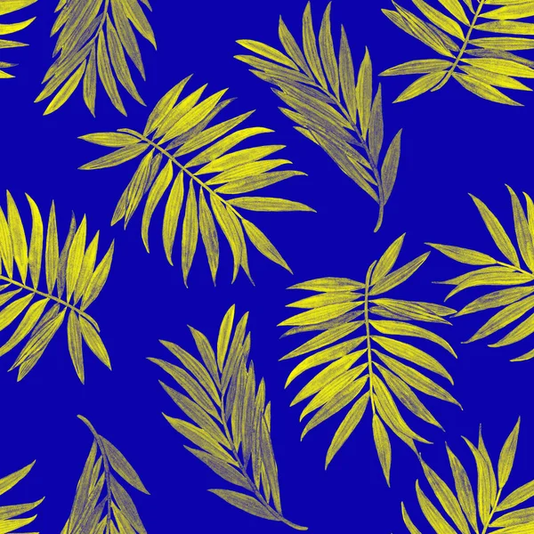 夏威夷装饰无缝图案与水彩斑斓的热带树叶 色彩艳丽的手绘插图 夏季热带印刷品 — 图库照片