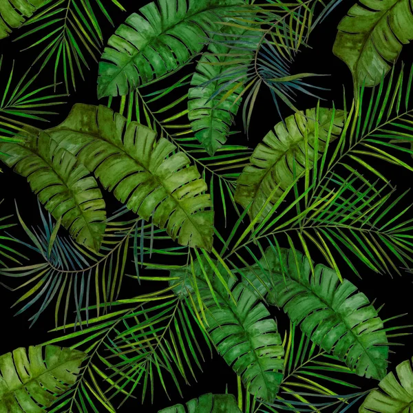 Decorative Seamless Pattern Watercolor Tropical Leaves Black Colorful Hand Drawn — Stock Photo, Image