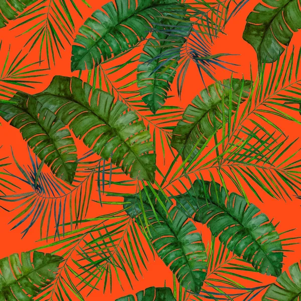 抽象的な装飾的なシームレスなパターン水彩熱帯の葉 カラフルな手描きイラスト ハワイの夏 Print — ストック写真