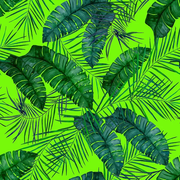 Abstract decorative seamless pattern with watercolor tropical leaves. Colorful hand drawn illustration. Hawaiian summer exotic print.