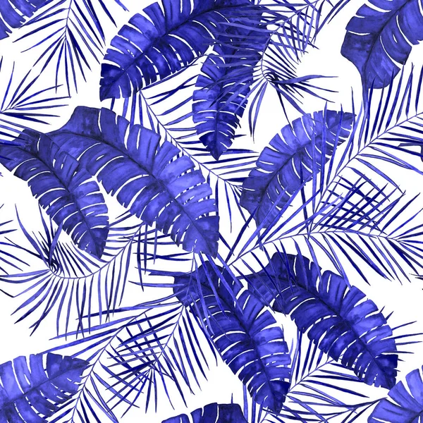 Abstract decorative seamless pattern with watercolor tropical leaves. Monochrome hand drawn illustration. Hawaiian vintage exotic print.