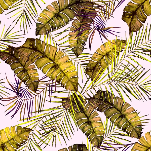Декоративний Золотий Візерунок Акварельним Тропічним Листям Кольоровий Малюнок Руки Hawaiian — стокове фото