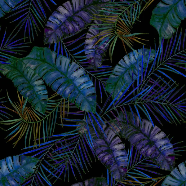 装饰无缝图案 水彩斑斓的热带叶子呈黑色 色彩艳丽的手绘插图 夏威夷老式异国情调印刷品 — 图库照片