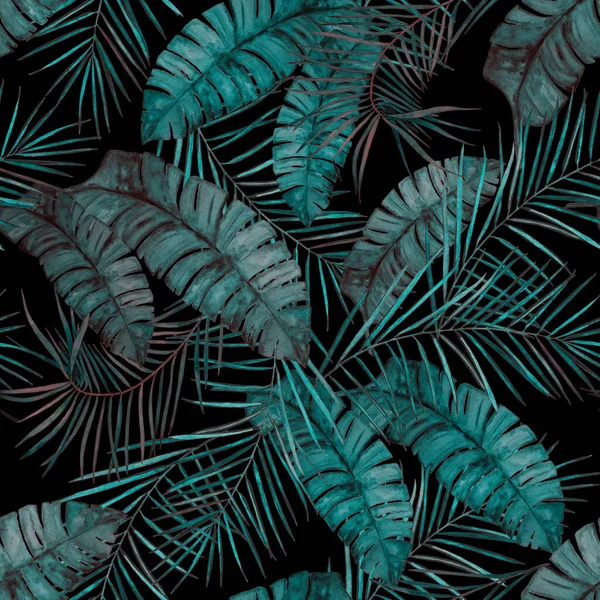 Süslü, dikişsiz desenli, siyaha tropikal yapraklı. Renkli el çizimi çizimi. Hawaii klasik egzotik baskısı.