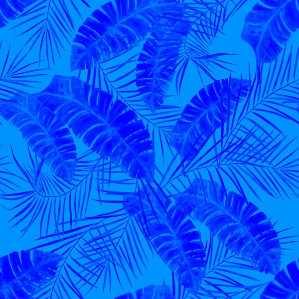 水彩斑斓的热带树叶装饰无缝图案 单色手绘插图 夏威夷老式异国情调印刷品 — 图库照片