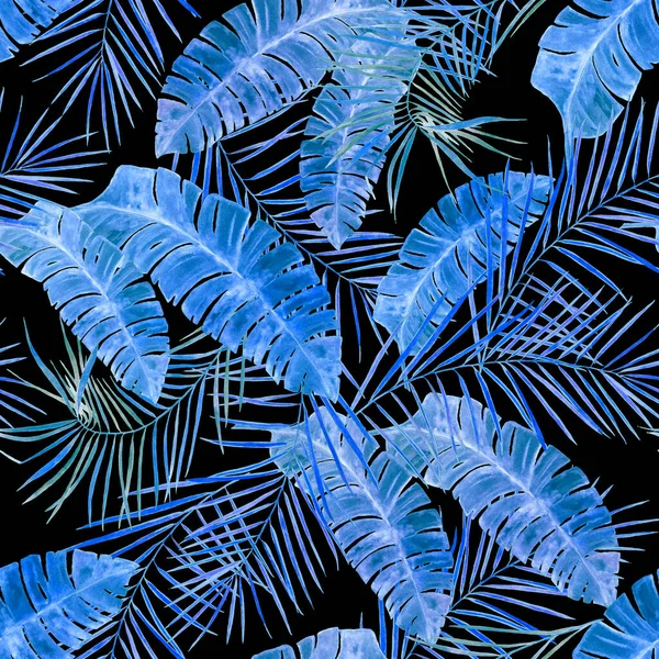 Decorative seamless pattern with watercolor tropical leaves on black. Colorful hand drawn illustration. Hawaiian vintage exotic print.