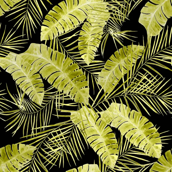 Dekoratives Nahtloses Muster Mit Tropischen Blättern Aquarell Auf Schwarz Bunte — Stockfoto