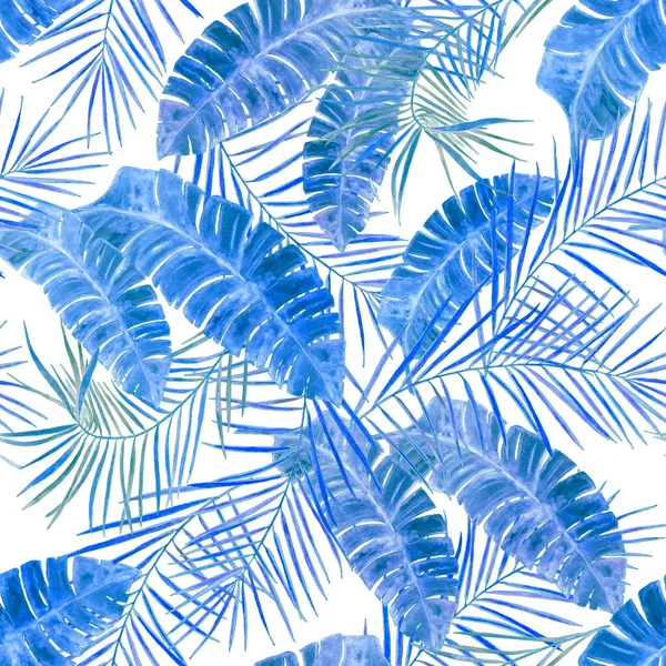 Abstract decorative seamless pattern with watercolor tropical leaves. Monochrome hand drawn illustration. Hawaiian vintage exotic print.
