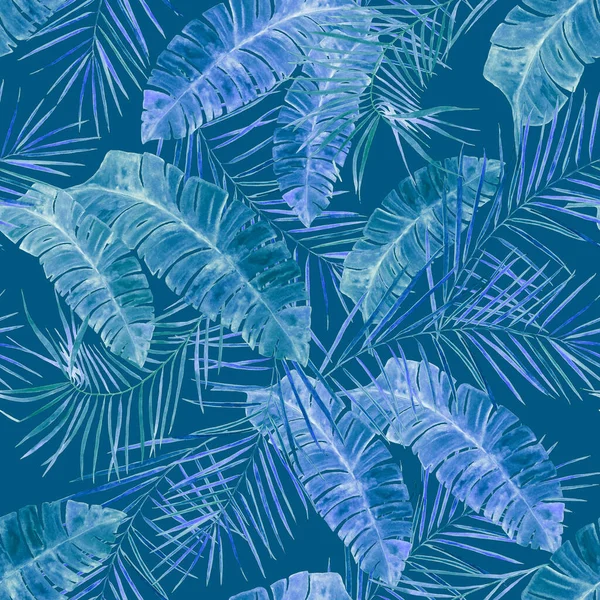 Abstract decorative seamless pattern with watercolor tropical leaves. Colorful hand drawn illustration. Hawaiian summer exotic print.