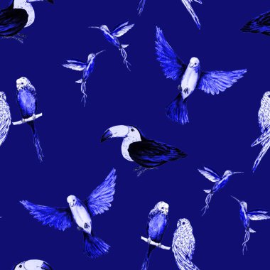 Kuş (papağanlar, tukanlar, sinekkuşları) ile sulu boya deseni. Egzotik orman kuşu duvar kağıdı. Her amaç için harika bir tasarım. Parlak yaz baskısı.