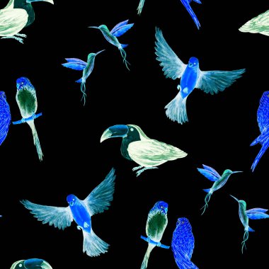 Kuş (papağanlar, tukanlar, sinekkuşları) ile sulu boya deseni. Egzotik orman kuşu duvar kağıdı. Her amaç için harika bir tasarım. Parlak yaz baskısı.