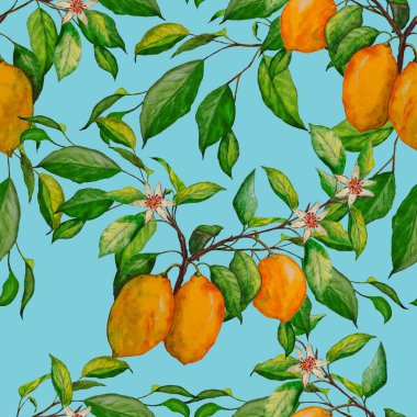 Suluboya limonlu, yaratıcı, pürüzsüz desen. Meyveli moda baskısı. Her türlü tasarım için kullanılabilir..