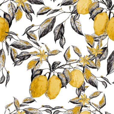 Elle çizilmiş soyut limonlarla yaratıcı, kusursuz altın desen. Meyveli moda baskısı. Her türlü tasarım için kullanılabilir..