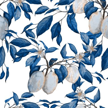 Suluboya limonlu, yaratıcı, pürüzsüz desen. Meyveli moda baskısı. Her türlü tasarım için kullanılabilir..