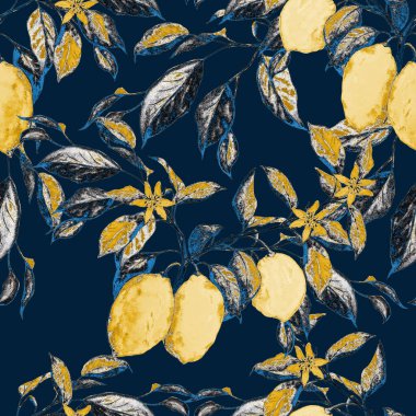 Elle çizilmiş soyut limonlarla yaratıcı, kusursuz altın desen. Meyveli moda baskısı. Her türlü tasarım için kullanılabilir..