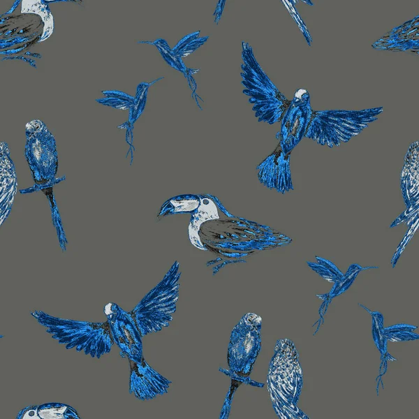 オウム タオカン ハチドリ と水彩シームレスパターン エキゾチックなジャングルの鳥の壁紙 どんな目的にも最適なデザイン 明るい夏 Print — ストック写真