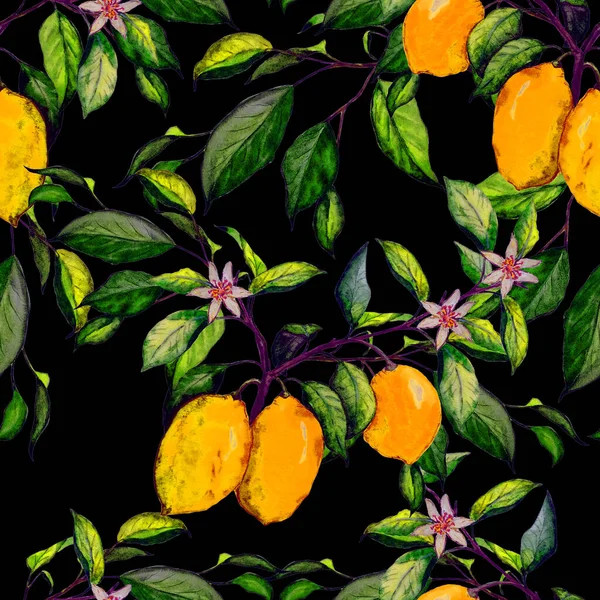 Kreativní Bezešvé Vzor Akvarelem Citróny Černé Ovocný Módní Tisk Lze — Stock fotografie