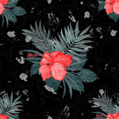 Soyut çiçek deseni ve hayvan derisinde tropikal amber çiçeği var. Egzotik Hibiscus. Tropik yaz baskısı.