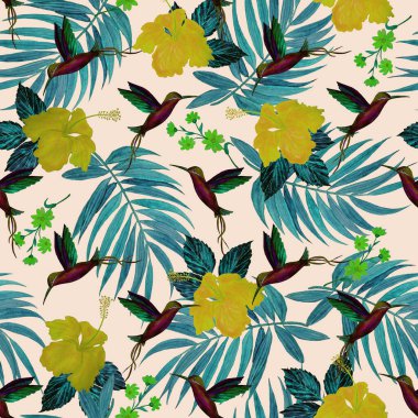 Suluboya palmiye yaprakları, nibiscus çiçekleri ve sinekkuşlarıyla tropik ve pürüzsüz desen. Egzotik yaz baskısı. Renkli el çizimi illüstrasyon.