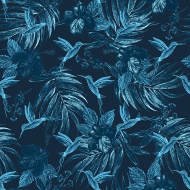 Suluboya palmiye yaprakları, nibiscus çiçekleri ve sinekkuşlarıyla tropik ve pürüzsüz desen. Egzotik yaz baskısı. Renkli el çizimi illüstrasyon.