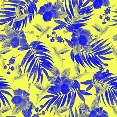 Suluboya palmiye yaprakları, nibiscus çiçekleri ve sinekkuşlarıyla tropik ve pürüzsüz desen. Egzotik yaz baskısı. Renkli el çizimi illüstrasyon.