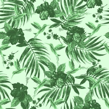 Suluboya palmiye yaprakları, nibiscus çiçekleri ve sinekkuşlarıyla tropik ve pürüzsüz desen. Egzotik yaz baskısı. Renkli el çizimi illüstrasyon.