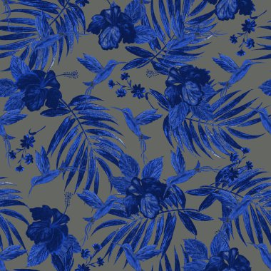 Suluboya palmiye yaprakları, nibiscus çiçekleri ve sinekkuşlarıyla tropik ve pürüzsüz desen. Egzotik yaz baskısı. Renkli el çizimi illüstrasyon.