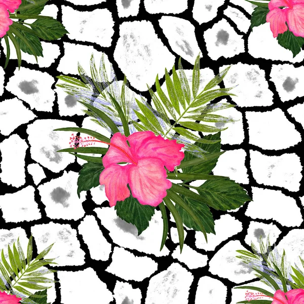 Abstract floral seamless pattern with watercolor tropical hibiscus flower on animal skin. Exotic Hibiscus. Tropical summer print.