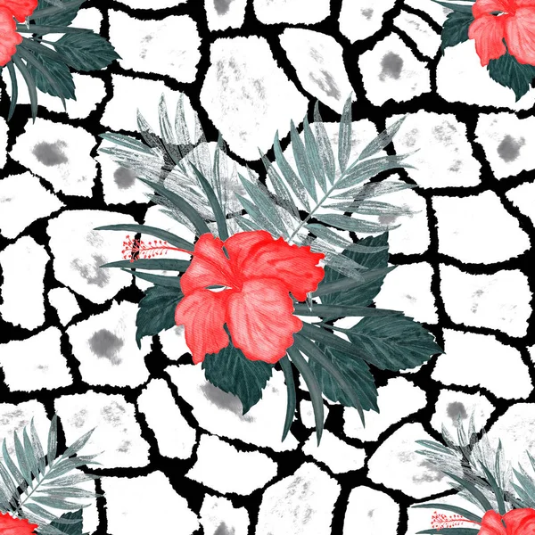 Abstract floral seamless pattern with watercolor tropical hibiscus flower on animal skin. Exotic Hibiscus. Tropical summer print.