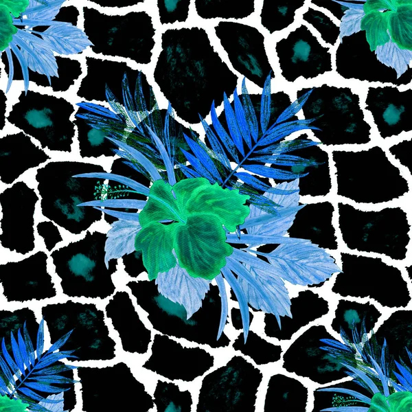 Abstract floral seamless pattern with watercolor tropical hibiscus flower on animal skin. Exotic Hibiscus. Tropical summer print.