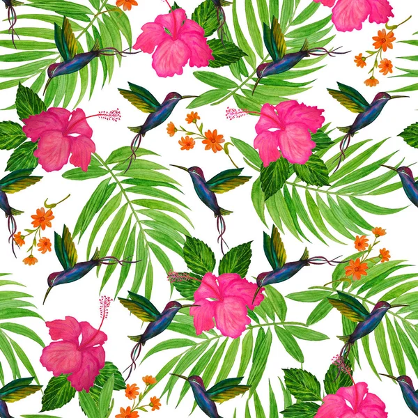 Suluboya Palmiye Yaprakları Nibiscus Çiçekleri Sinekkuşlarıyla Tropik Pürüzsüz Desen Egzotik — Stok fotoğraf