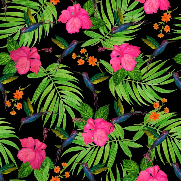 Motif Tropical Sans Couture Avec Feuilles Palmier Aquarelle Fleurs Nibiscus — Photo