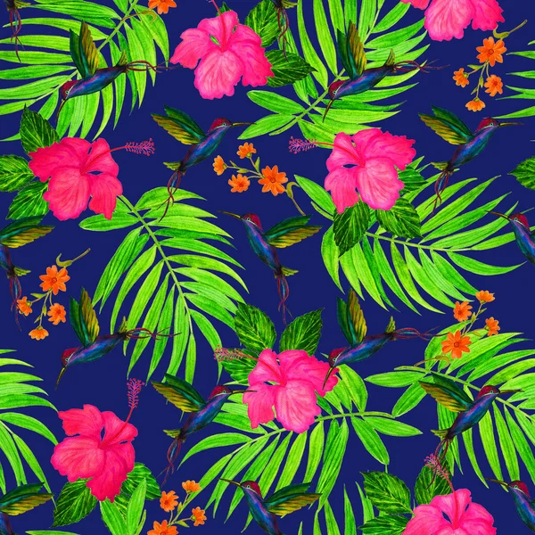 Tropikalny Bezszwowy Wzór Akwarelowymi Liśćmi Palmowymi Kwiatami Nibiskusa Kolibrami Egzotyczny — Zdjęcie stockowe
