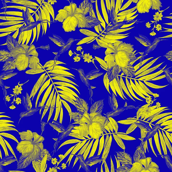 Тропічний Безшовний Візерунок Листям Аквареллю Квітами Нібіскуса Колібрі Екзотичний Літній — стокове фото