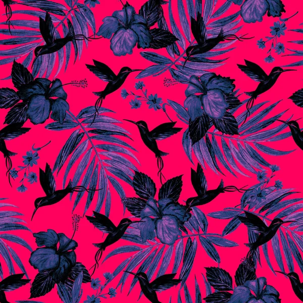 Tropical seamless pattern with watercolor palm leaves, nibiscus flowers and hummingbirds. Exotic summer print. Colorful hand drawn illustration.