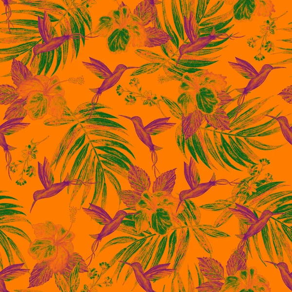 Tropical Απρόσκοπτη Μοτίβο Φύλλα Φοίνικα Ακουαρέλα Nibiscus Λουλούδια Και Κολιμπρί — Φωτογραφία Αρχείου